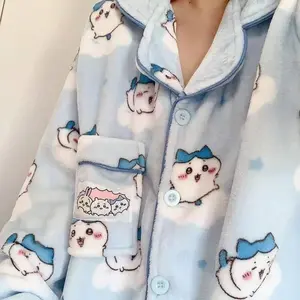 Chiikawa Hachiware Pajamas Set Anime Usagi Flannel Sleepwear Pants Cute Women Winter  Warm Pajama Home Clothes Christmas Gift