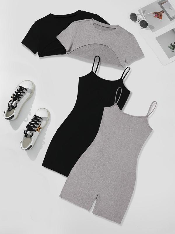 Four-Piece Set Women's Solid High Low Crop Tee & Cami Romper, Casual Short Sleeve Super Crop Top & Sleeveless Bodycon Romper, Summer Outfits 2025, Cute Summer Outfit