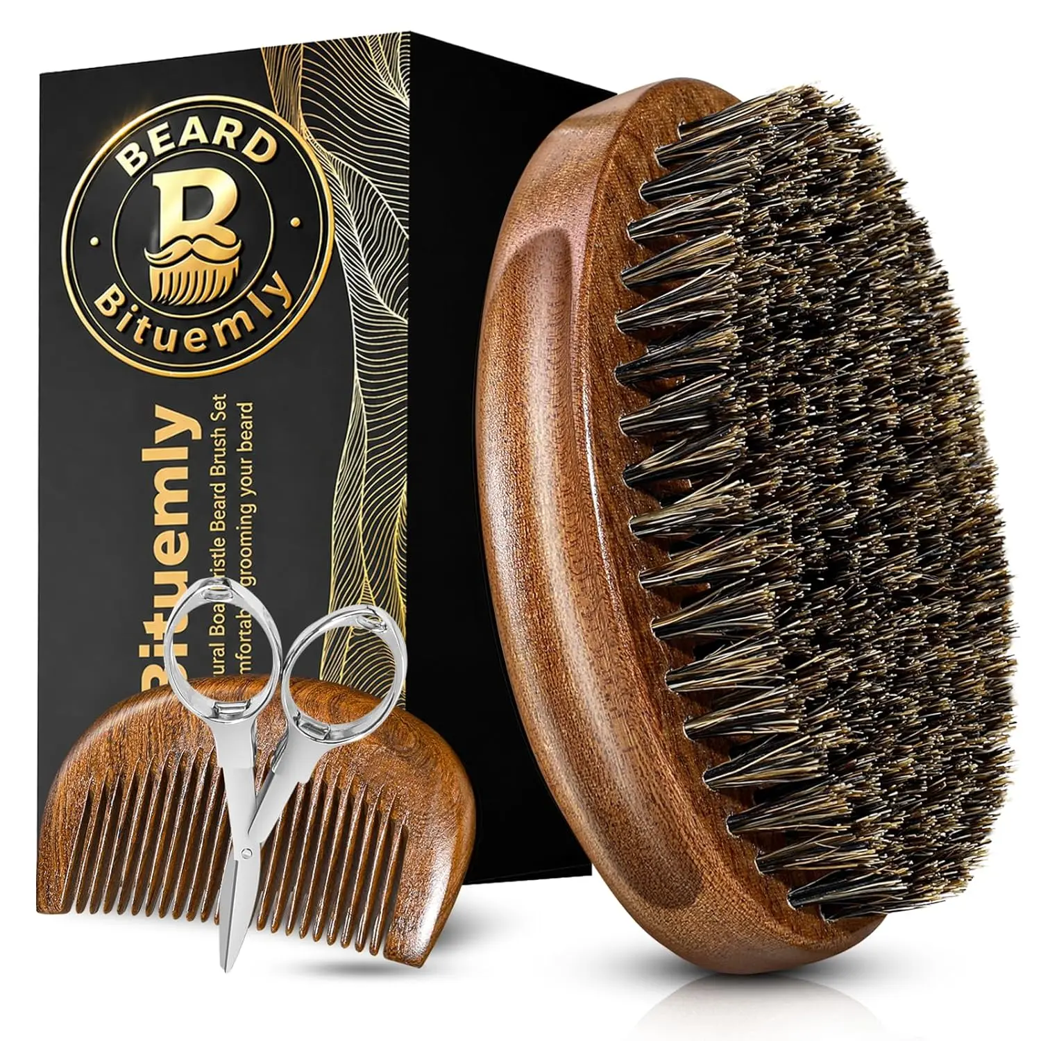 Bituemly Beard Brush, Natural Boar Bristles Beard Brush for Men and Wooden Sandalwood Pocket Beard Comb Set, Facial Hair Grooming Kit with Mustache Scissors as a Styling Tool, Growth, Detangles, Shine