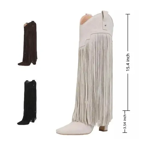 Women's Pointed Toe Chunky Block Heel Knee High Footwear - Western Ranch Boot, Cowgirl Stuff, Alternative Style, V-Notch, Tassel Detail, Wide Calf Option, Basic Casual Boho, All-Season Women's Boots