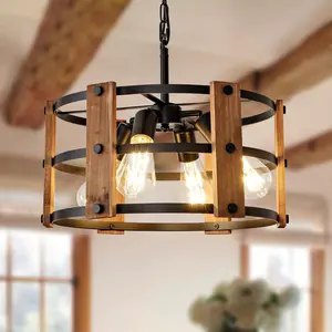 Rustic Farmhouse Chandelier, 4 Lights Adjustable Height Brown Vintage Wood Hanging Pendant Lighting for Entryway Kitchen Island Foyer Dining Room Living Room Bedroom