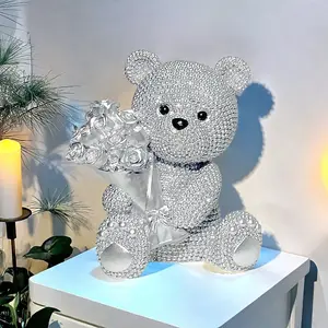 Creative Silver Color Flower Bear Statue, Perfect Holiday Gift, Mother's Day Present, Wedding Decor, Resin Sculpture, Bookshelf Decoration