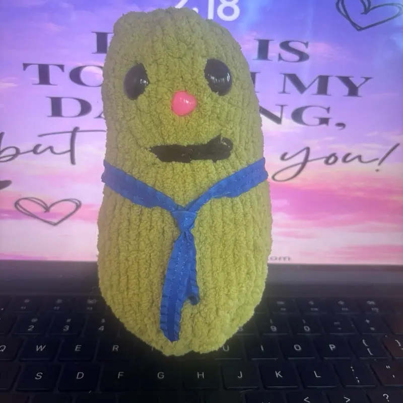 Stuffed Pickle Plushie with Blue Ribbon - Soft and Cute Toy Stuffed Pickle Plushie with Blue Ribbon - Soft and Cute Toy