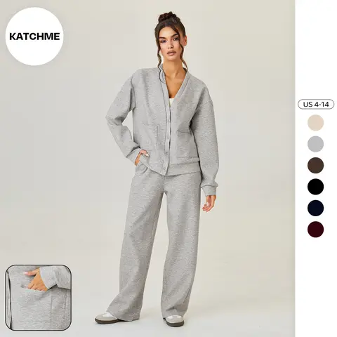 Katch Me Chic(US/CN)Women's Slouchy Solid Color V Neck Long Sleeve Button Cardigan & Drawstring Waist Trousers Co-ord, Soft Two Piece Sets for Fall & Winter