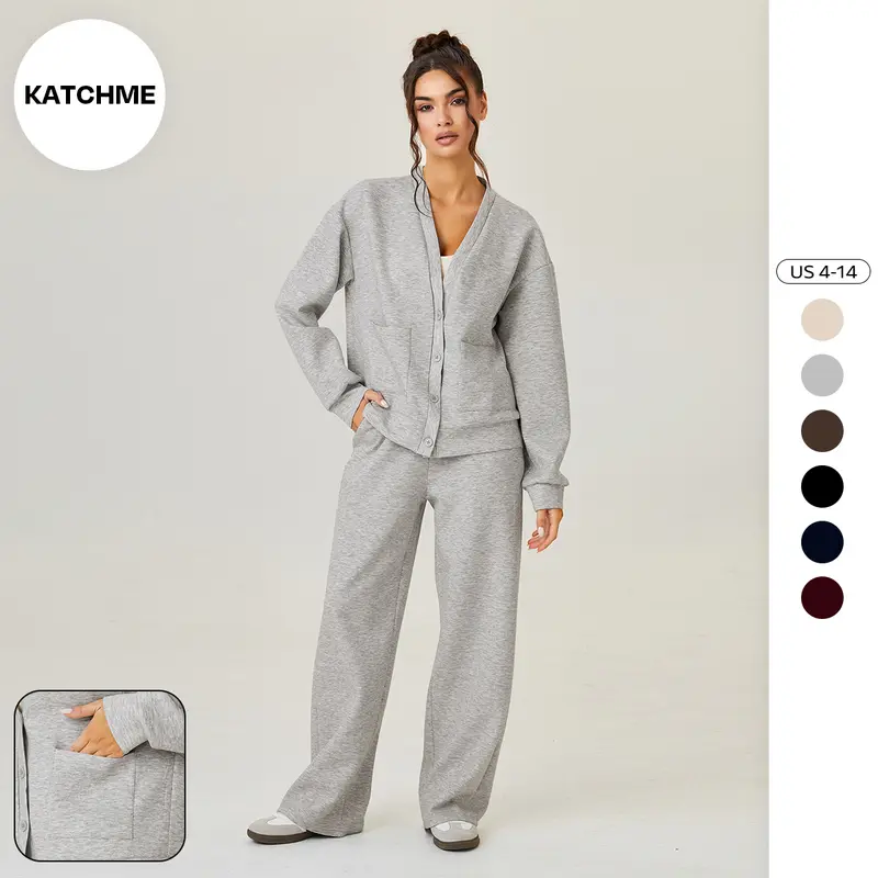 Katch Me Chic(US/CN)Women's Slouchy Solid Color V Neck Long Sleeve Button Cardigan & Drawstring Waist Trousers Co-ord, Soft Two Piece Sets for Fall & Winter