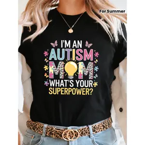 Women's Autism Mom Graphic T-Shirt - "I'm an Autism Mom What's Your Superpower?" Bold Text with Colorful Puzzle Pieces & Butterflies Design, Soft Stretch Crew Neck Casual Top for Summer & Spring, Machine Washable, Autism Awareness Shirt, Playful Design