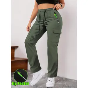 Women's Slim Fit Cargo Joggers, Spring & Autumn Casual Athletic Pants, Elastic Drawstring Waist, Zippered Large Pockets Design, Ideal for Outdoor Sports and Daily Wear