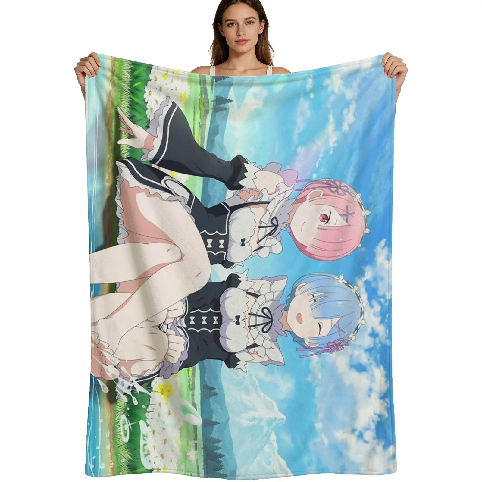 Anime Style, Warm Flannel Blanket, Rem And Ram By The Lake Design, Soft Plush Fabric With Vibrant Print, For Fans And Bedroom Decor, 4 Sizes Available Single Pack