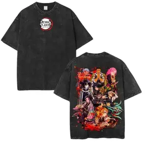 Unisex Demon Slayer Vintage Oversized Washed Cotton T-Shirt - Double-Printed Anime Graphic Giyu, Mitsuri, Shinobu Hashira T-shirt | Demon Slayer Oversized Tee funny shirts