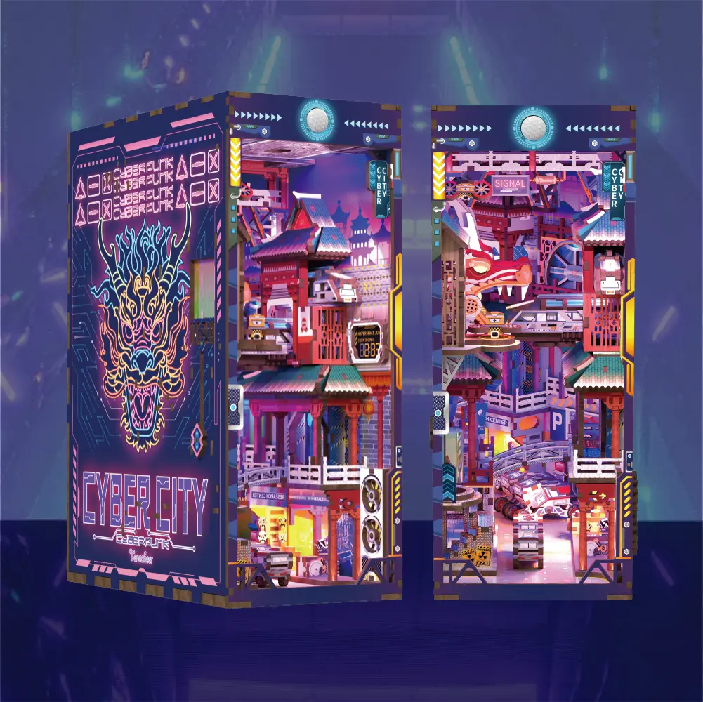 Tonecheer DIY Wooden 3D Puzzle Miniature Set - Cyberpunk City Book Nook Dollhouse with Miniature Furniture, Dust Cover, Body Motion Sensor LED, Interactive Bookend Bookshelf Insert Decor for Adults