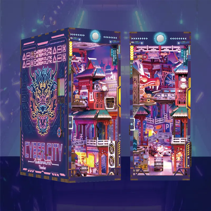 Tonecheer DIY 3D Puzzle Miniature Set - Cyberpunk Wood Doll House Kit with Mini Furniture, Dust Cover, Interactive Light, Body Motion Sensor LED, Creative Project for Art and Technology Enthusiasts, Book Nook Bookend
