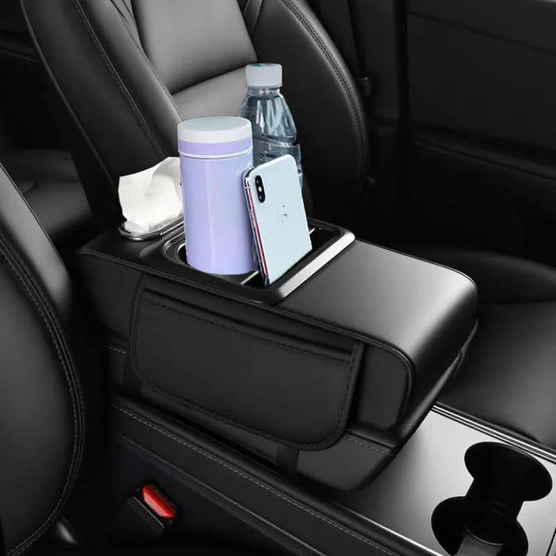 Car Center Console Armrest Pillow, Leather Car Armrest Cushion With Cup Holder & Phone Holder, Universal Armrest Storage Box Protector For Most Vehicles, Car Accessories