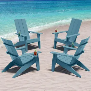 Set of 4 Oversized Modern Adirondack Chairs with Cup Holder Weather Resistant Plastic Outdoor Fire Pit Seating Patio Furniture for Lawn Deck in Blue
