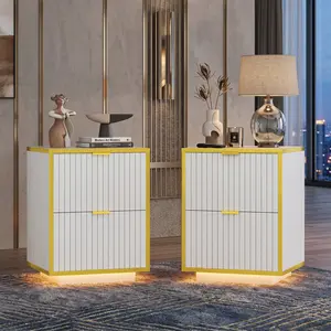 Set Of 2 Modern LED Nightstand With Gold Frame, Fluted Design Night Stand With Drawers, Bedside Table With Storage, Multifunctional Side Table For Bedroom Living Room, Black/White