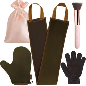 4 Pack Self Tanning Mitt Applicator Kit with Exfoliating Glove Face Brush & Back Sponge for Flawless Sunless Tan Brown Microfiber Ultra-Fine Velvet-Smooth Gloves Easy to Clean Reusable