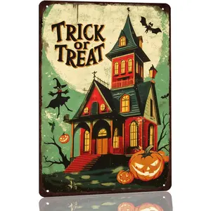 Vintage Trick or Treat Metal Tin Sign Welcome Sign - Spooky House Sign Halloween Wall Art Decor For Home Porch Office Coffee Shop Gift For Hoildays With Pre-Drilled Hole 8x12 Inch Room Gothic