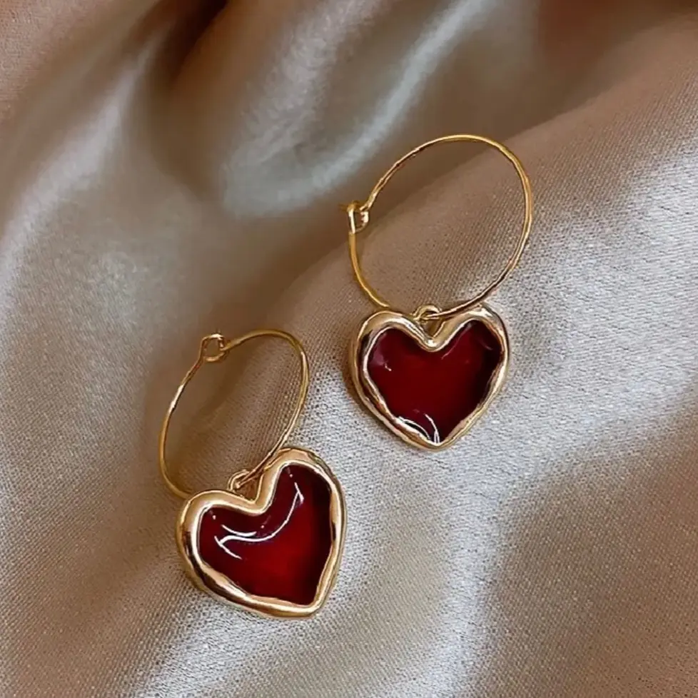 Golden Red Heart Dangle Earrings bling bling earrings love gift girl jewelry