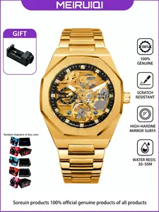 Men's Full Gold Steel Band Transparent Bottom Mechanical Watch, High-End Business Casual Trendy Men's Wristwatch, business automatic wristwatch, Stylish Timepiece, Automatic Watches, Mechanical Style Watches