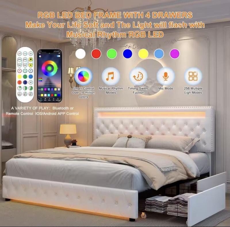 Queen LED Bed Frame with 4 Storage Drawers Adjustable LED Headboard Remote & App Control 16M Color Options Music Sync Sturdy Reinforced Steel Frame Easy Assembly Modern Luxury Look