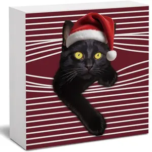 Rustic Christmas Desk Decor Cat Lovers Gift Meowy Wood Block Sign Winter Decorations for Home Office Shelf Desk Table 5x5inch