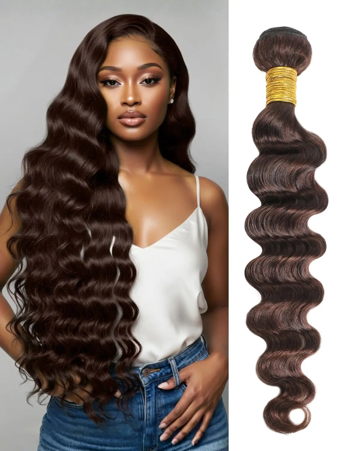 ALHER 20 Inch Loose Deep Wave Sew In Hair Extensions, Chocolate Brown (#4) 12A Brazilian Virgin Remy Human Hair, Single Bundle with Double Weft for Black Women, Glamorous Human Hair Extensions & Pieces