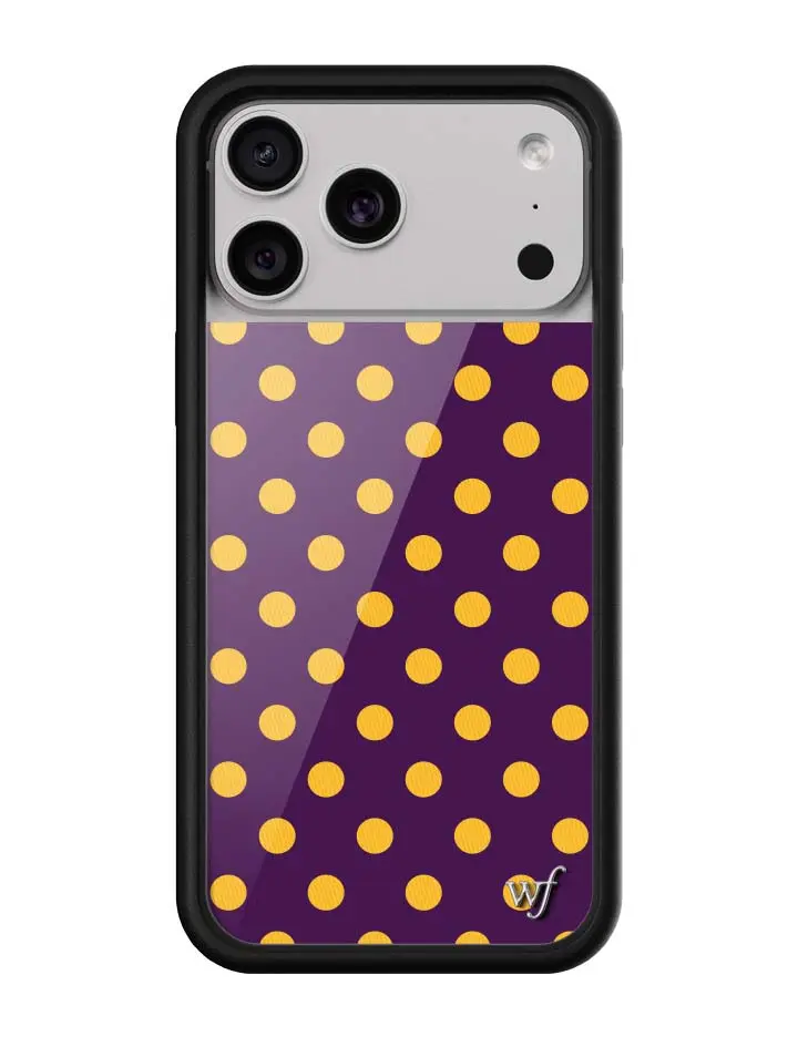 Purple & Yellow Polka Dots | Limited Edition Trendy Collab iPhone Case | Raised Protective Black Bumper | Women Owned Small Business | Dark Purple Background Bright Yellow Polka Dots | Safety Casing Protective | Gift for Her