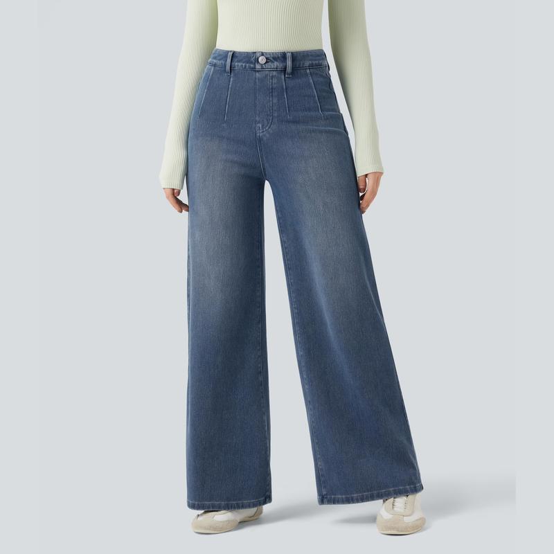 Flex High Waisted Tummy Control Wide Leg Casual Jeans with Pockets