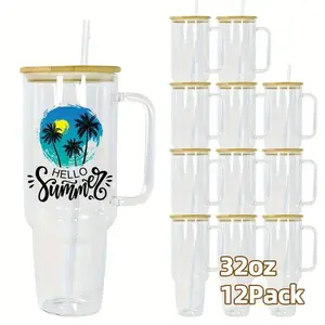 12pcs 32/40oz Sublimation Glass Mugs with Handles – Clear Travel Cups with Bamboo Lids & Reusable Straws – High Borosilicate DIY Drinkware