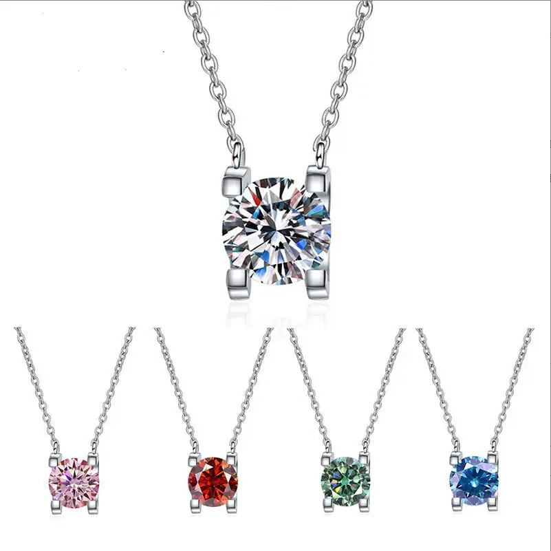 Women's S925 Sterling Silver Minimalist Round Solitaire Pendant Necklace, 4-Prong Setting VVS Multicolor Round Cut Moissanite, Integrated Double-Loop Chain, Birthday/Valentine’s Day Gift