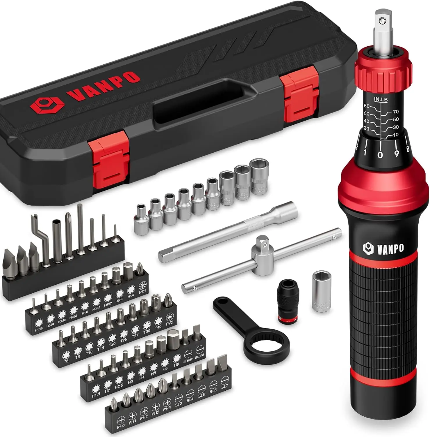 Torque Screwdriver, 10–80 in-lb, 64 Pieces, Click Style for Gunsmith | 1/4 Inch,1 in-lb Increment, Grip ergonomics, Inch Pound Torque Screwdriver Set for Optics, Electronics, Bike & DIY Repair