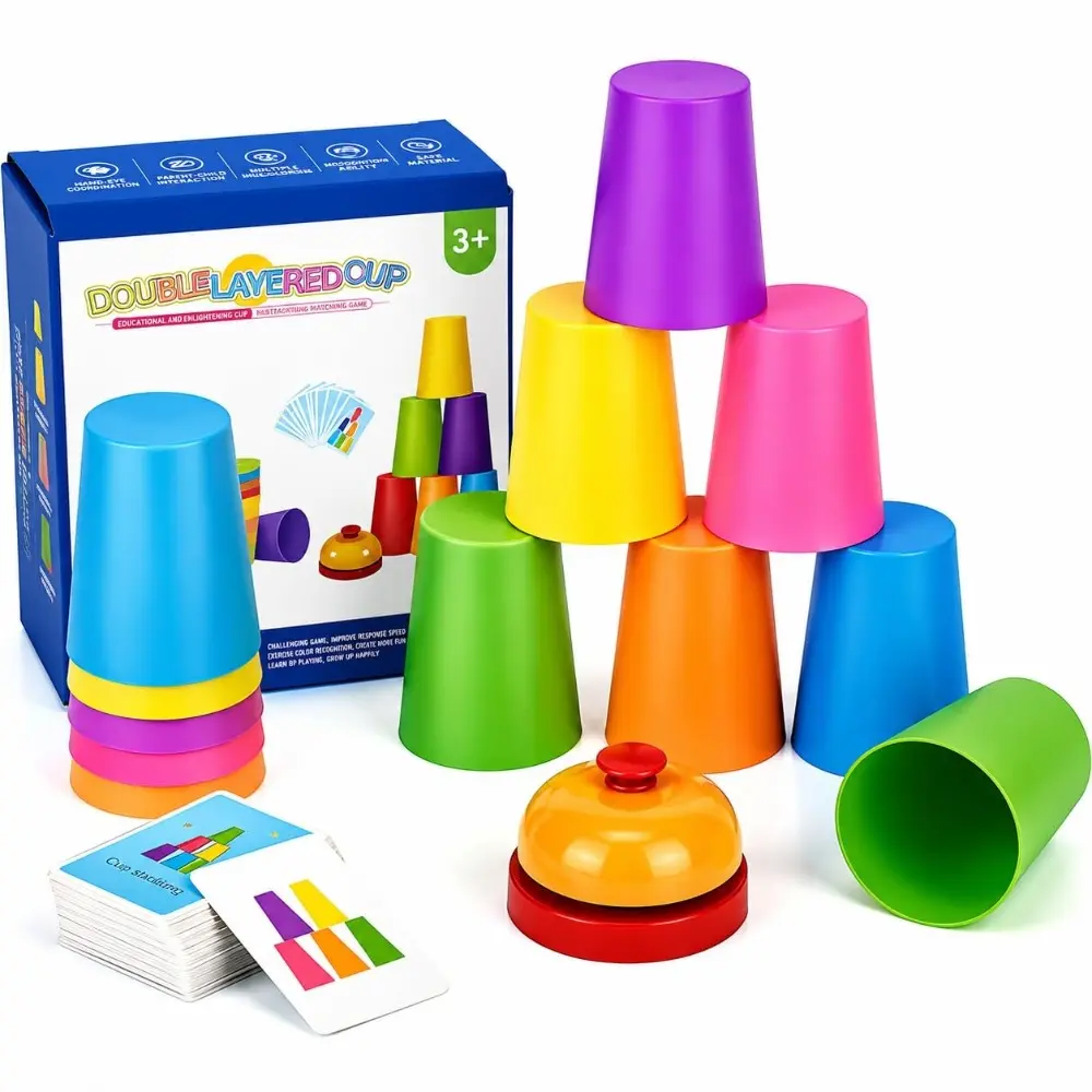 Stacking Cups Game Set, 12 Stacking Cups, 54 Challenge Cards & 1 Ring Bell, Speed Stack Cup Toy for Kids Family Party Competition Game