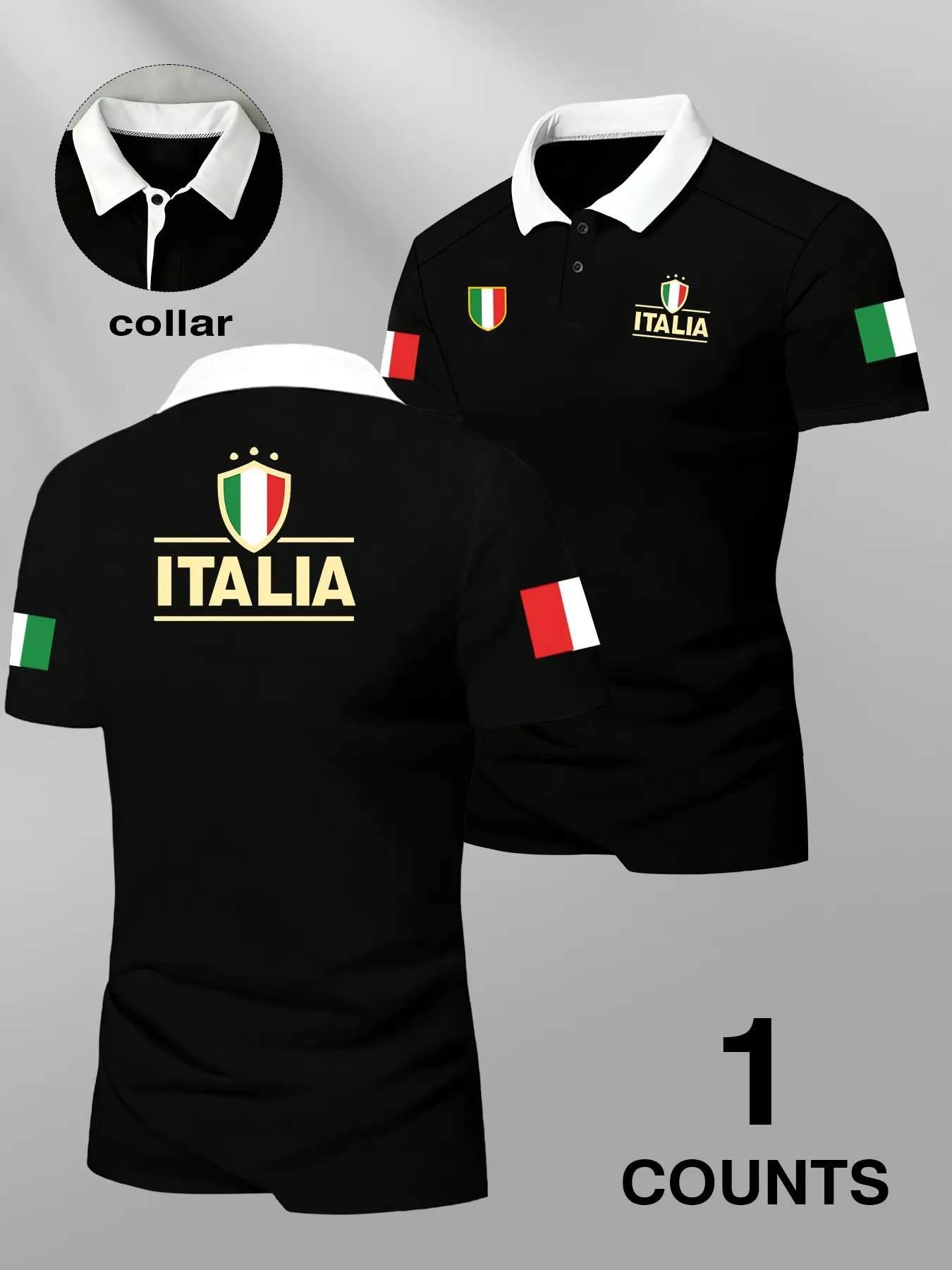 ITALIA Italy Summer Polo Shirt - National Flag Print Graphic Classic Collar Black and White Contrast Top, a trendy clothing for Italian culture enthusiasts, daily versatile casual fashion clothing