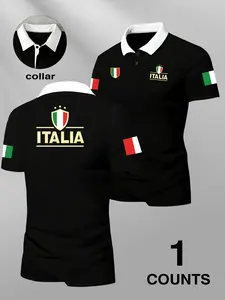 ITALIA Italy Polo Shirt - National Flag Print Classic Collar Black and White Contrast Top, a trendy clothing for Italian culture enthusiasts, daily versatile casual fashion clothing