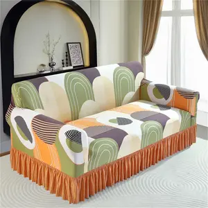 Geometric Pattern Sofa Cover, Stretch Sofa Cover, 1 Count Modern Sofa Slipcover with Ruffle Trim, Dustproof Sofa Protector for Home Living Room, Vanity Decor Accessories