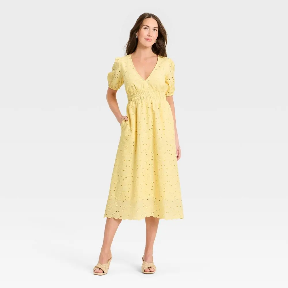 Women's Puff Elbow Sleeve Eyelet Midi Empire Waist Dress - A New Day - Yellow Women's Puff Elbow Sleeve Eyelet Midi Empire Waist Dress - A New Day - Yellow