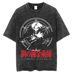 Steel Alchemist FULLMETAL Washed Old Short Sleeve T-Shirt Men's American Retro High Street Large Size 3Couple Wear