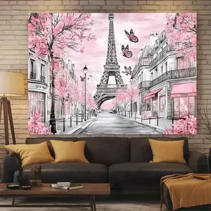 2D Flat Romantic Paris Eiffel Tower Cherry Blossom Street Tapestry Girl Hearted Pink Butterfly Decorative Hanging Cloth Ins Style Wall Decor for Bedroom Living Room Photography and L