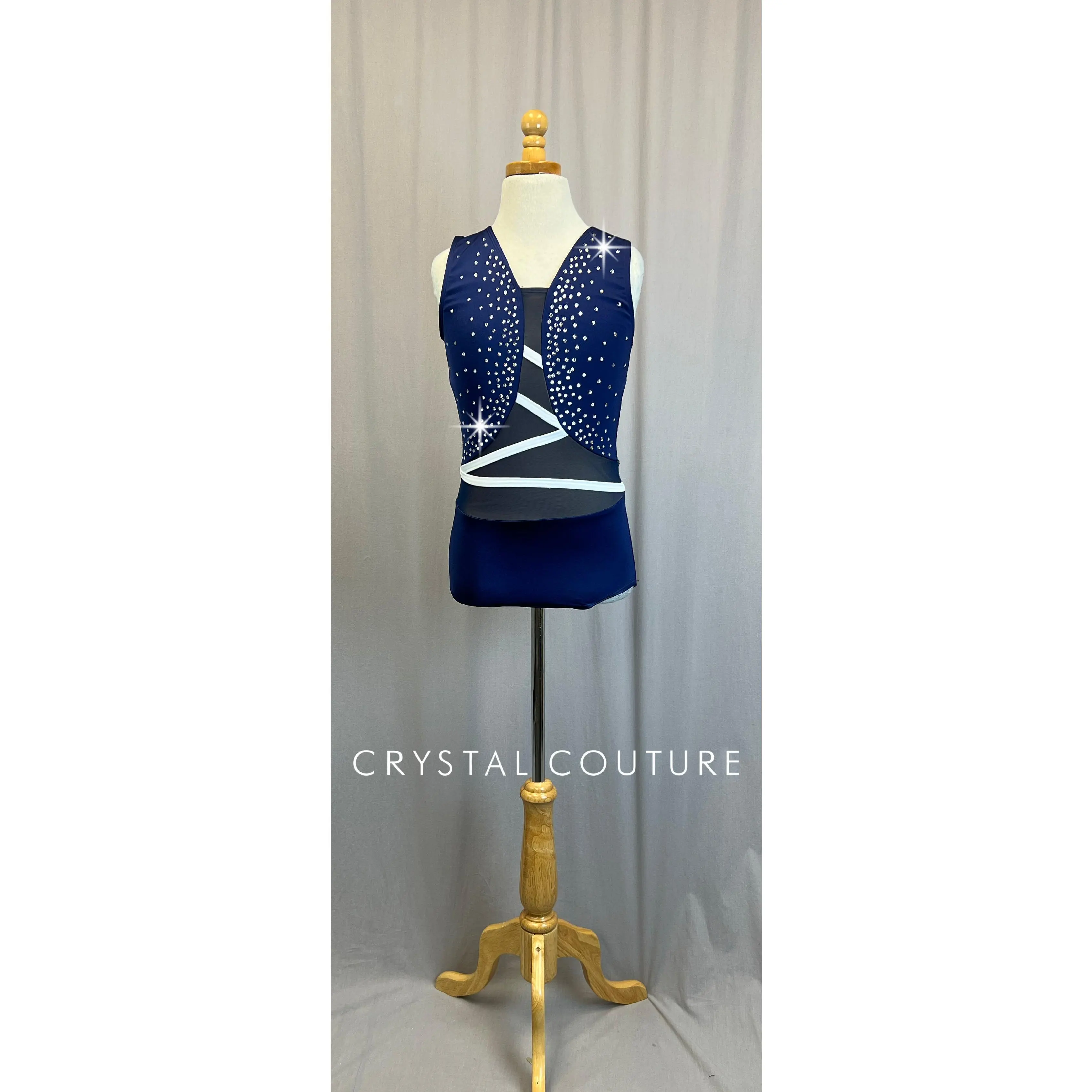 *Brand New* Navy Lycra Leotard with White Accents  - Rhinestones