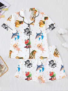 Cartoon Print Sleepwear Set, Fitted Short Sleeve Shirt & Loose Waist Shorts, Casual All-Season for Girls, Cartoon Print Pajama