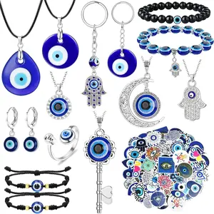 Evil Eye necklace, bracelet, earring, ring, key chain Hamza pendant - Türkiye protective jewelry set, with evil eye sticker