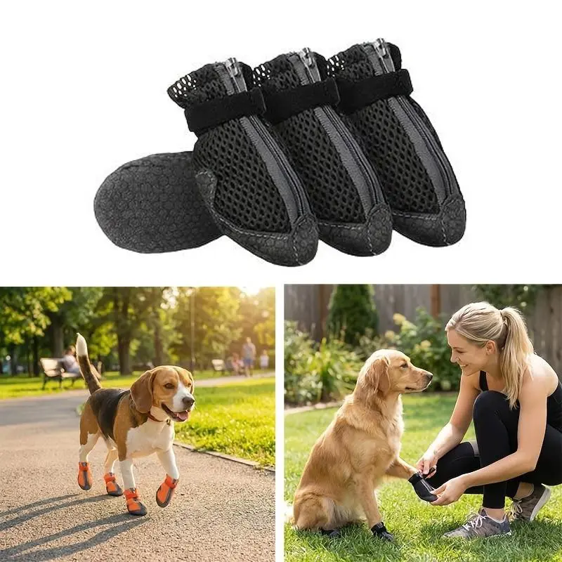 4 Pairs Breathable Mesh Dog Shoes, Puppy Shoes, All-Season Pet Paw Covers, Durable Anti-Slip Dog Shoe Protectors, Outdoor Claw Protection for Small to Medium Dogs, Paw Protector Booties, Outside