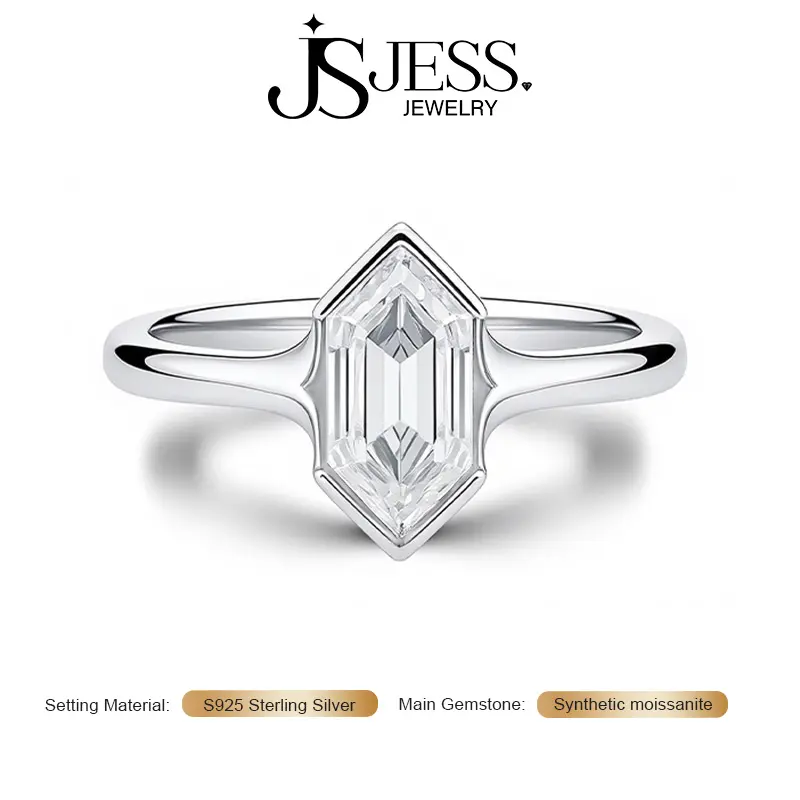 【Glim-D】2Carat 6*12mm Shield Cut  Full Moissanite Solitaire Ring D Color VVS1, S925 Sterling Silver 18K White Gold Plated Bezel-Set Engagement Ring