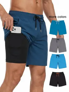 Men's Zippered Pocket Swim Trunk, 2-In-1 Compressed Lining, Quick-Dry Gym Shorts, Casual Beachwear, Gym, Pool, 7-Inch Length