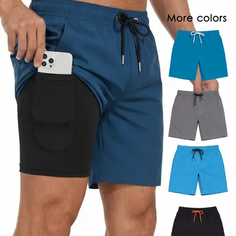 Men's Zippered Pocket Swim Trunks, 2-In-1 Compression Liner, Quick-Dry Gym Shorts, 7-Inch Length, Casual Beachwear for Gym, Pool, Summer Swimming Shorts, Swim Trunks With Compression Liner