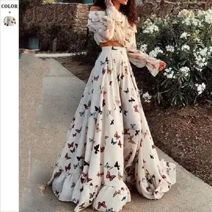 European and American Cross-Border Internet Celebrity Butterfly Print Two-Piece Bohemian Large Hem Long Skirt Beach Dress Summer White