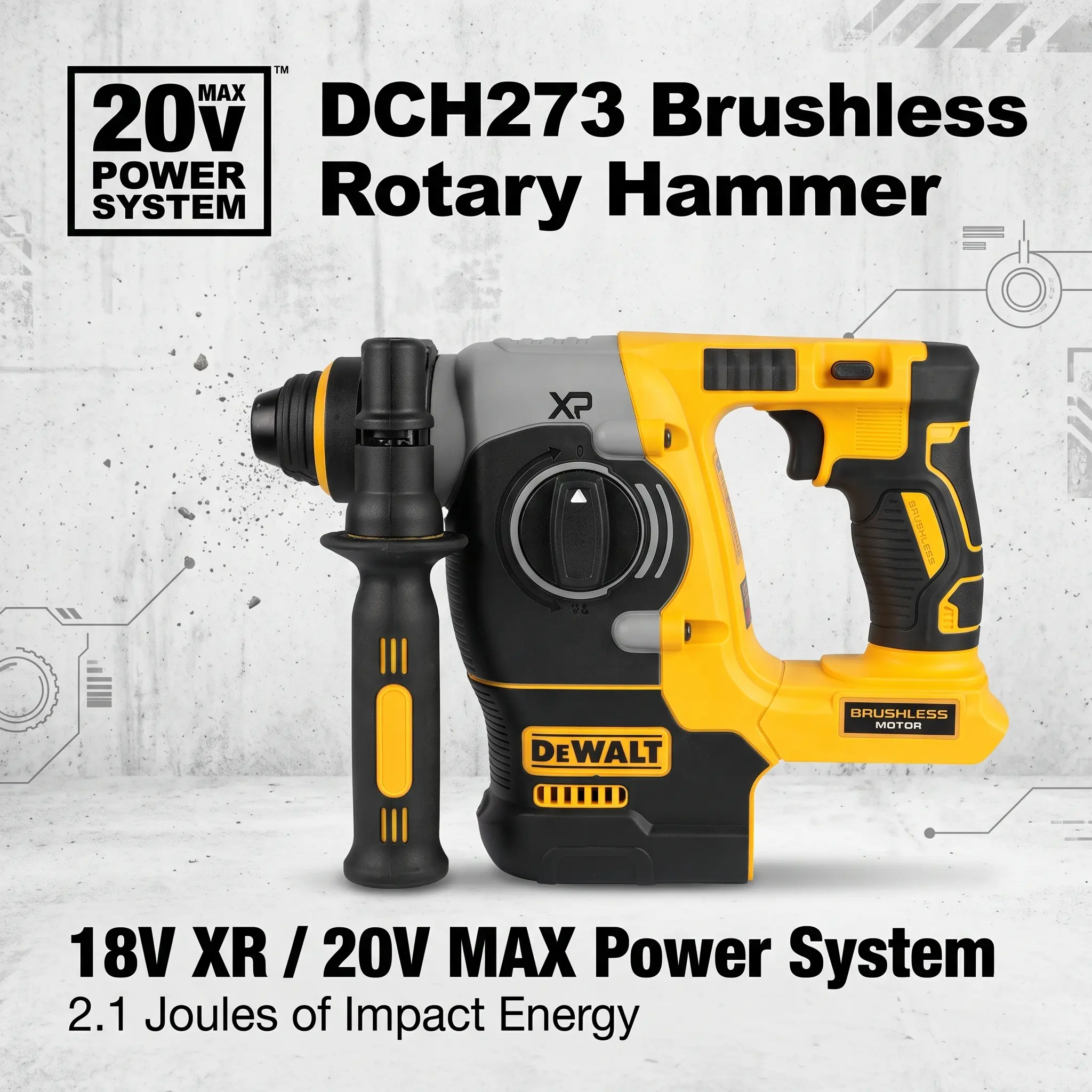 DEWALT DCH273 20V MAX Brushless SDS-Plus Rotary Hammer Drill, 2.1J Impact Energy & 4600BPM Cordless Concrete Drill for Masonry, Anchoring, Construction, Tile Removal & Jobsite Use