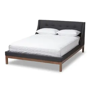 Louvain Modern and Contemporary Dark Grey Fabric Upholstered Walnut-Finished Full Sized Platform Bed