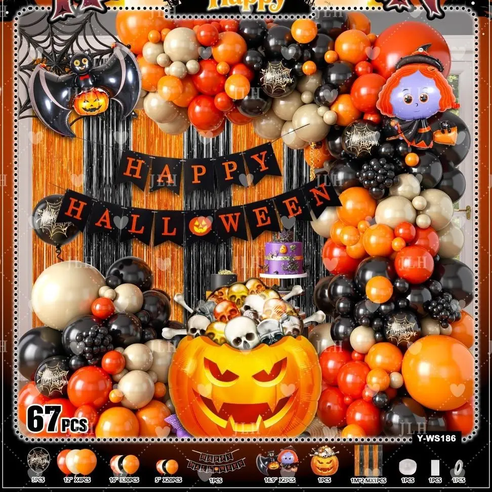 67Pcs All-In-One Pink Black Halloween Balloon Garland Kit With Skull Bat Ghost Foil Balloons & Happy Halloween Banner, DIY Spooky Cute Party Backdrop Decor For Girl Halloween Birthday