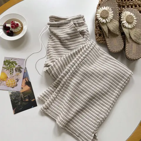 Women's Knitted Striped Adjustable Drawstring Waist Casual Elastic Waisted Pocket Casual Chic Trousers Low-Waist Long Pants, Daily Wear Vacation Style Flare Leggings Fitted Bottoms, Casual Fit Comfy, Casual Comfy Elastic