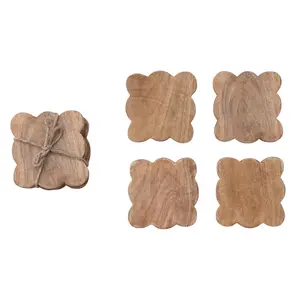 Mango Wood Scalloped Coasters, Natural, Set of 4 Tied w/ Jute